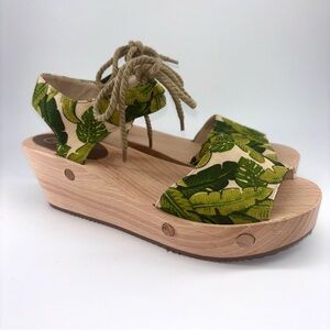 Sedette Tropical Print Platform Ethical Vegan Wood Sandals with Rope Tie Sz 8.5